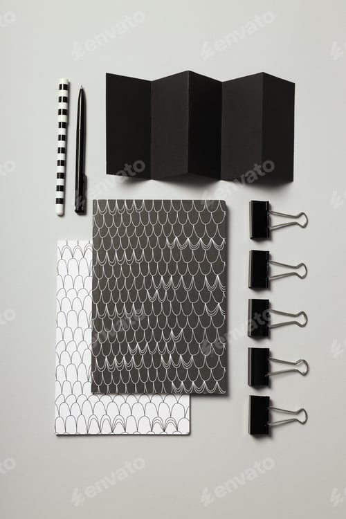 Preview: Mockup flat lay with different office accessories on light gray background