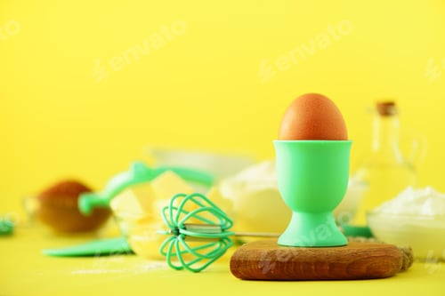 Preview: Time to bake. Baking ingredients - butter, sugar, flour, eggs, oil, spoon, rolling pin, brush, whisk