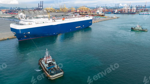 Preview: tug boat pulling ro ro ship in the ocean, Frieght car shipping car by cargo ship