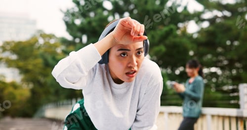Preview: Tired, break and woman outdoor with running for health, wellness and marathon training in city. Fat