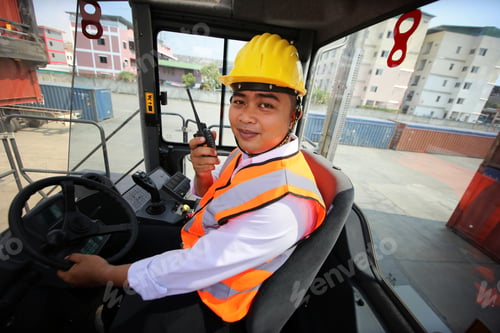 Preview: Foreman control Container Cargo freight ship at industry. Transportation and logistic concept.