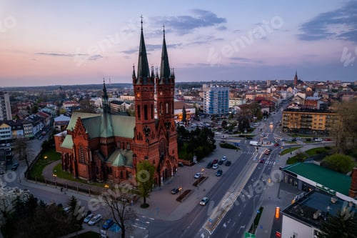Preview: Sunset at Tarnow. View over Church Towers. Drone Aerial Photo