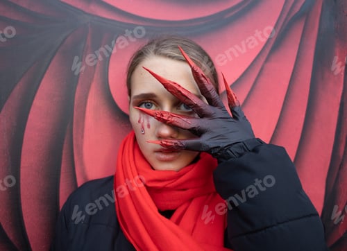 Preview: Beautiful girl with Halloween make-up and handmade gloves with bloody clowes in red scarf