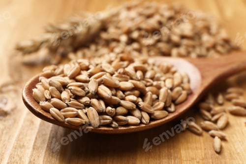 Preview: Spoon of wheat grains on wooden table, closeup