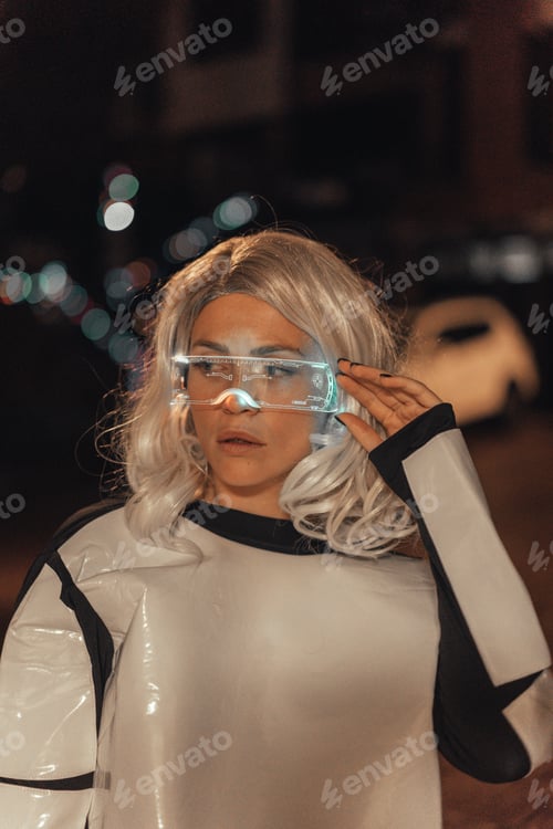 Preview: Woman with the illuminated futuristic glasses and white hair in the city, looking to the sides
