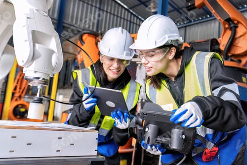 Preview: Women engineer team together at work in modern advanced robot welding machine sell service factory