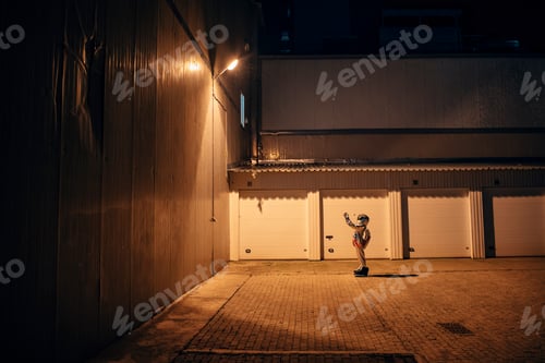 Preview: Spaceman standing under lamp at a yard at night