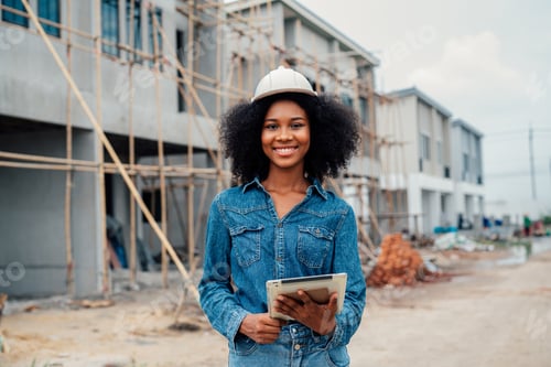 Preview: portrait of young female architect smiling happily looking at camera.