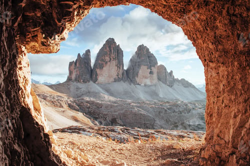 Preview: Cloudy sky. Tre Cime mountains of three peaks. Gorgeous photo in the sunny day. Italian landscapes