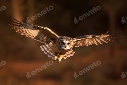 Preview: Owl in flight, wings extended, soaring through a forest under the sunlight