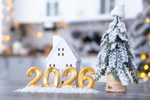 Visualização: Número dourado 2026 e pequena casa no fundo de uma aconchegante cozinha branca