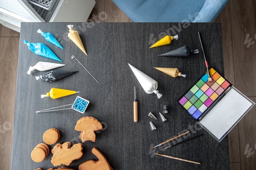 Preview: The process of making handmade gingerbread, workshop, top view.