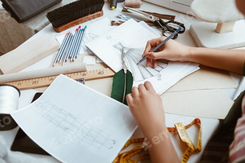Close-up of young woman tailor with not pad is making sketches
