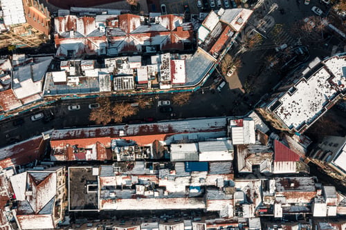 Preview: Aerial shot of buildings covered in snow in Wuhan, China.