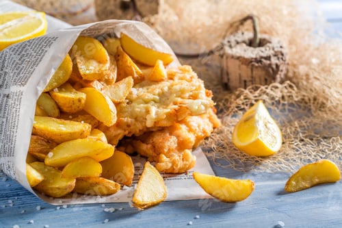 Preview: Delicious fish cod with chips served in paper