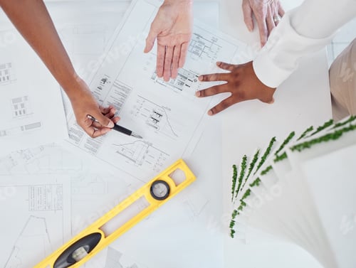 Preview: Architect, hands and construction planning for building industry in team discussion or meeting on t