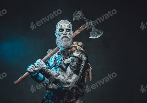 Preview: Powerful and evil warrior with axe on his shoulder in moonlight