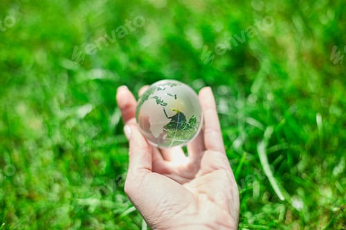 Preview: Human hand hold glass Earth globe on green grass background