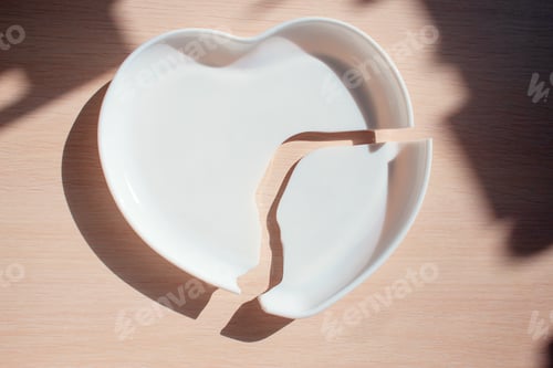 Preview: Broken heart-shaped plate. Cracked heart. Shards of broken dishes. Negligence