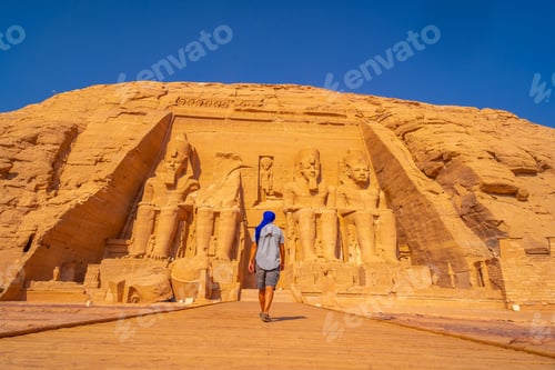 Preview: A European Tourist Visiting The Abu Simbel Temple In Southern Egypt In Nubia Next To Lake Nasser