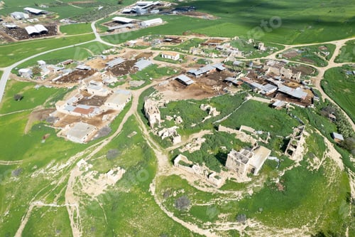 Preview: Drone aerial view of an abandoned deserted village. Ruins of deserted old town