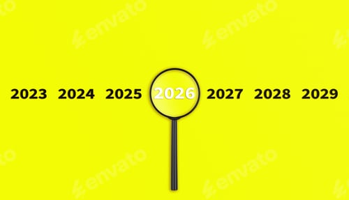 Preview: Lens, magnifying glass focusing on the year 2026 on a Yellow background. Financial or stock market
