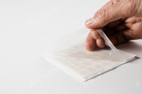 Preview: Hands opening acne treatment stickers close-up on white