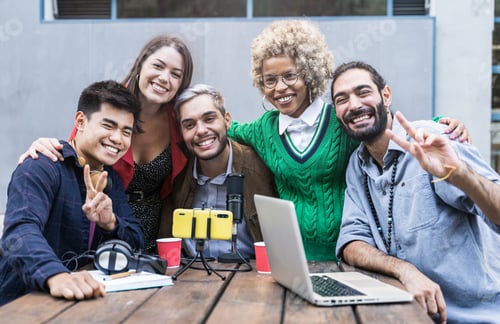 Preview: Portrait of Team of young coworker friends with digital technology working together