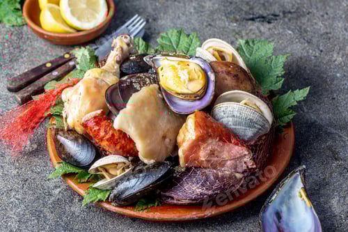 Preview: Curanto Kuranto. Different seafood and meat cooked in a pit on the coals under the ground