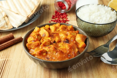 Preview: Concept of tasty food with chicken tikka on wooden background