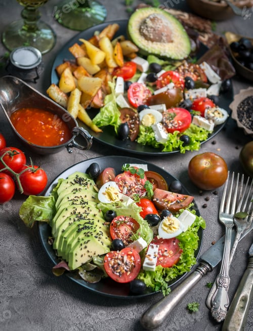 Preview: Vegetarian dinner - fried potatoes and fresh vegetable salad