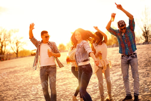 Preview: Happy young people having fun on the beach and drinking beer