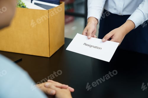 Preview: Business woman sending resignation letter to boss and Holding Stuff Resign Depress