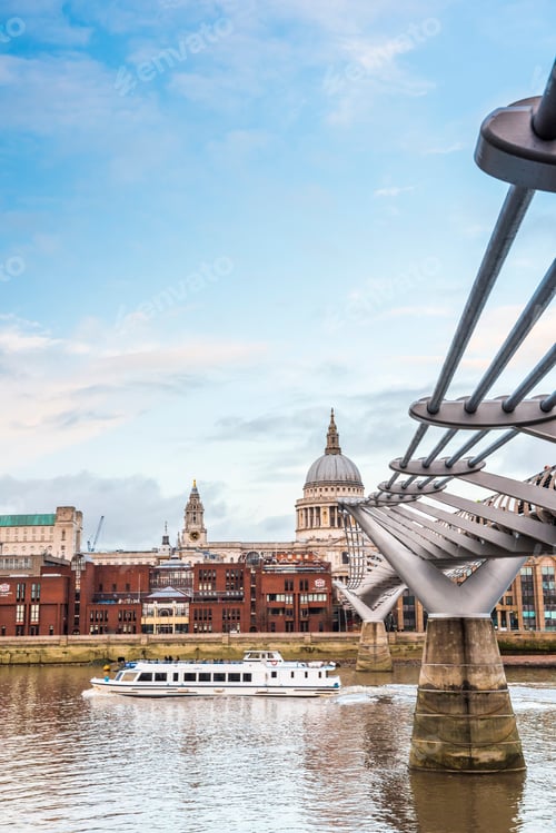 Preview: St Pauls Cathedral seen behind Millennium Bridge, City of London, London, England, United Kingdom