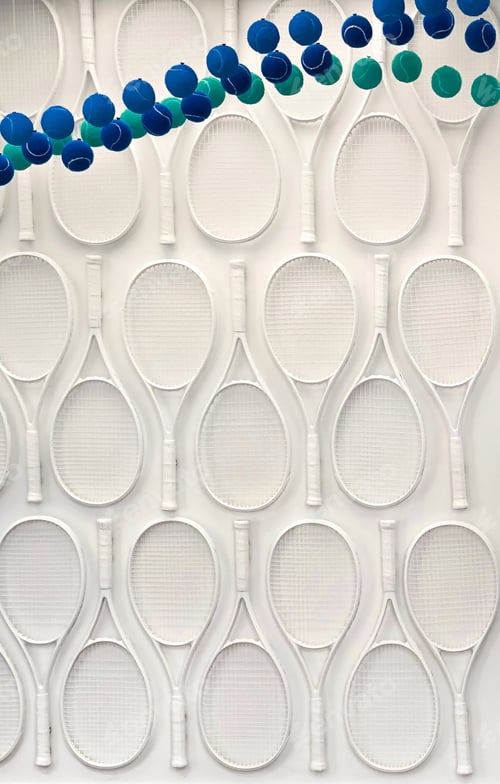 Preview: White tennis rackets against a white background with tennis balls.