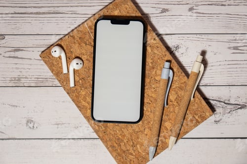 Preview: Top view, wooden Office desk mobile phone chroma key screen mock up mobile app application eco pen