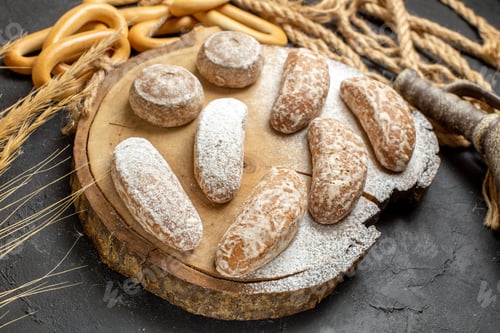 Preview: Cookies on brown board among ring-shaped cookies spike rope and pottery on dark background