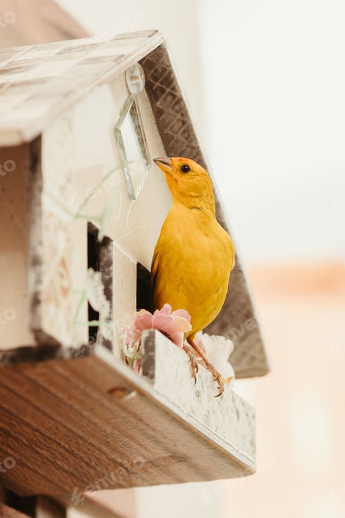 Preview: Adorable yellow bird perched atop a wooden birdhouse, perfect for wallpapers