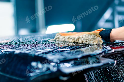Preview: Close-up of a car wash worker using a washcloth to wash black luxury car with car wash shampoo