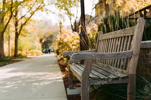 Preview: Closeup of a wooden park bench near a sidewalk outdoors
