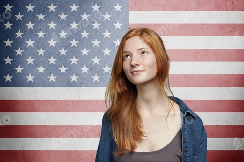 Preview: People, citizenship and patriotism. Portrait of attractive patriotic young woman with red hair, look