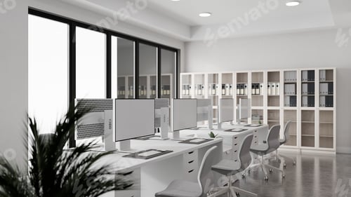 Preview: Realistic 3D illustration of modern office interior with computer workstations and storage cabinets