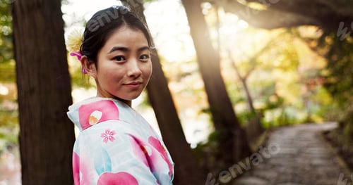 Preview: Park, traditional and portrait of Japanese woman for wellness, fresh air and relax outdoors. Travel