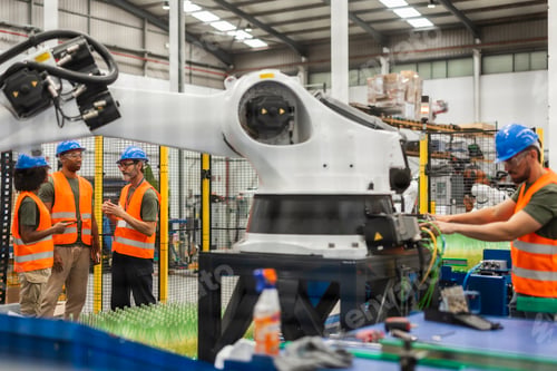 Preview: Engineers supervising and maintaining robotic arm in modern glass factory