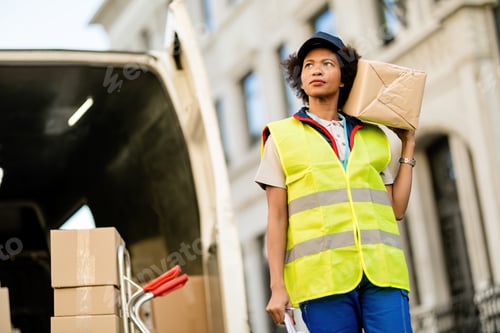 Preview: Below view of black female courier carrying delivery package.