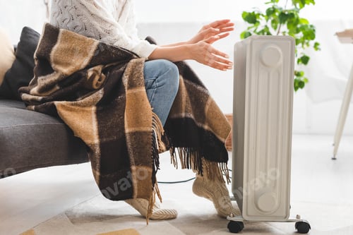 Preview: cropped view of girl with blanket warming up with heater in cold room