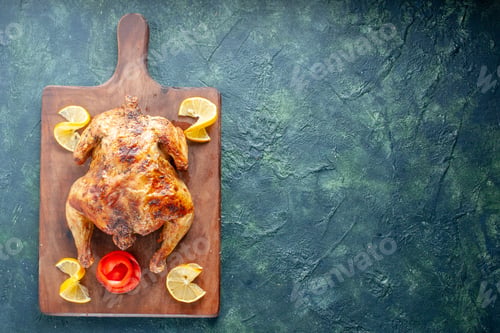 Preview: top view delicious cooked chicken with lemon slices on dark blue background meat food meal barbecue