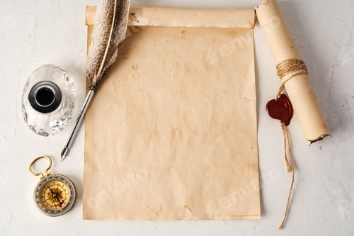 Preview: Old paper with compass and quill pen top view