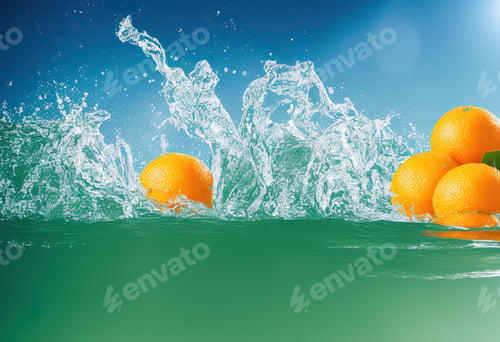 Preview: Freeze motion of sliced oranges in water splash.