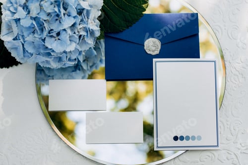 Preview: wedding invitation in a gray envelope on a table with green sprigs